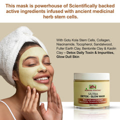 Nirvana Nurture Ultra-Detox Glow Mask, infused with powerful ingredients like Gotu Kola Stem Cells, Collagen, Niacinamide, Tocopherol, Fuller's Earth, Bentonite Clay, and Kaolin Clay and Sandalwood. This powerful combination penetrates deeply into the skin to naturally detoxify everyday impurities and toxins, rejuvenate dull skin, replenish moisture, tighten the skin, and improve overall texture. Suitable for all skin types.