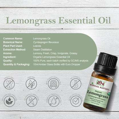 Lemongrass Essential Oil USDA Certified Organic, 100% Pure Natural Premium Grade, Undiluted