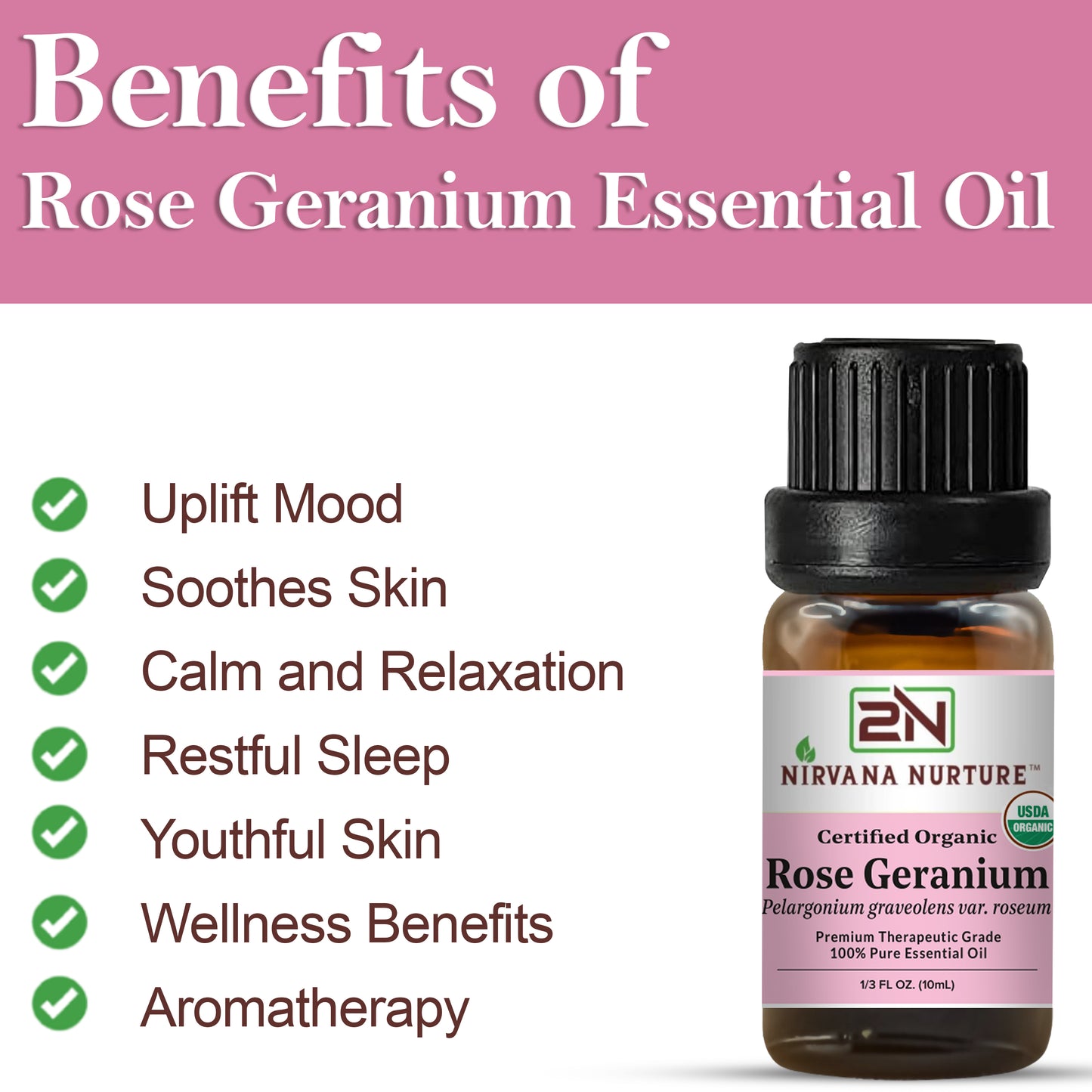 Rose Geranium Essential Oil USDA Certified Organic, 100% Pure Natural Premium Grade, Undiluted