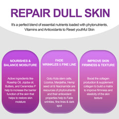 Nirvana Nurture ultra reset anti-aging cream blend of active components, including Gotu Kola Stem Cells, Collagen, Retinol, Hyaluronic acid, Licorice, Rose Oil, Manjistha, and Hemp Seed Oil. This unique blend penetrates deeply into the skin, delivering essential nourishment of the skin. It combats premature aging signs such as wrinkles, fine lines and boosts skin firmness and enhances skin elasticity.