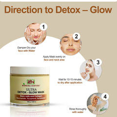 Nirvana Nurture Ultra-Detox Glow Mask, infused with powerful ingredients like Gotu Kola Stem Cells, Collagen, Niacinamide, Tocopherol, Fuller's Earth, Bentonite Clay, and Kaolin Clay and Sandalwood. This powerful combination penetrates deeply into the skin to naturally detoxify everyday impurities and toxins, rejuvenate dull skin, replenish moisture, tighten the skin, and improve overall texture. Suitable for all skin types.