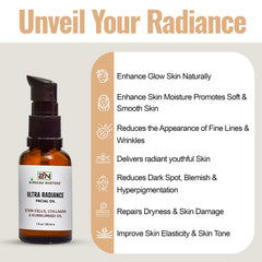 Radiance Glow Face oil, luminous oil, face oil, radiant skin booster, glow dull skin, Firmness, natural face oil, skin moisture, Brighter Dull Skin, kumkumadi oil, nourish skin, promote collagen production, improve skin firmness, elasticity, revitalize the complexion, skincare routine, enhances radiant  skin, radiance, promote skin supple, collagen, saffron, Gotu Kola Stem Cells, skin elasticity, radiant glow, nourishes, hydrates skin, silky smooth skin, lightweight, Non Greasy, quick Absorb