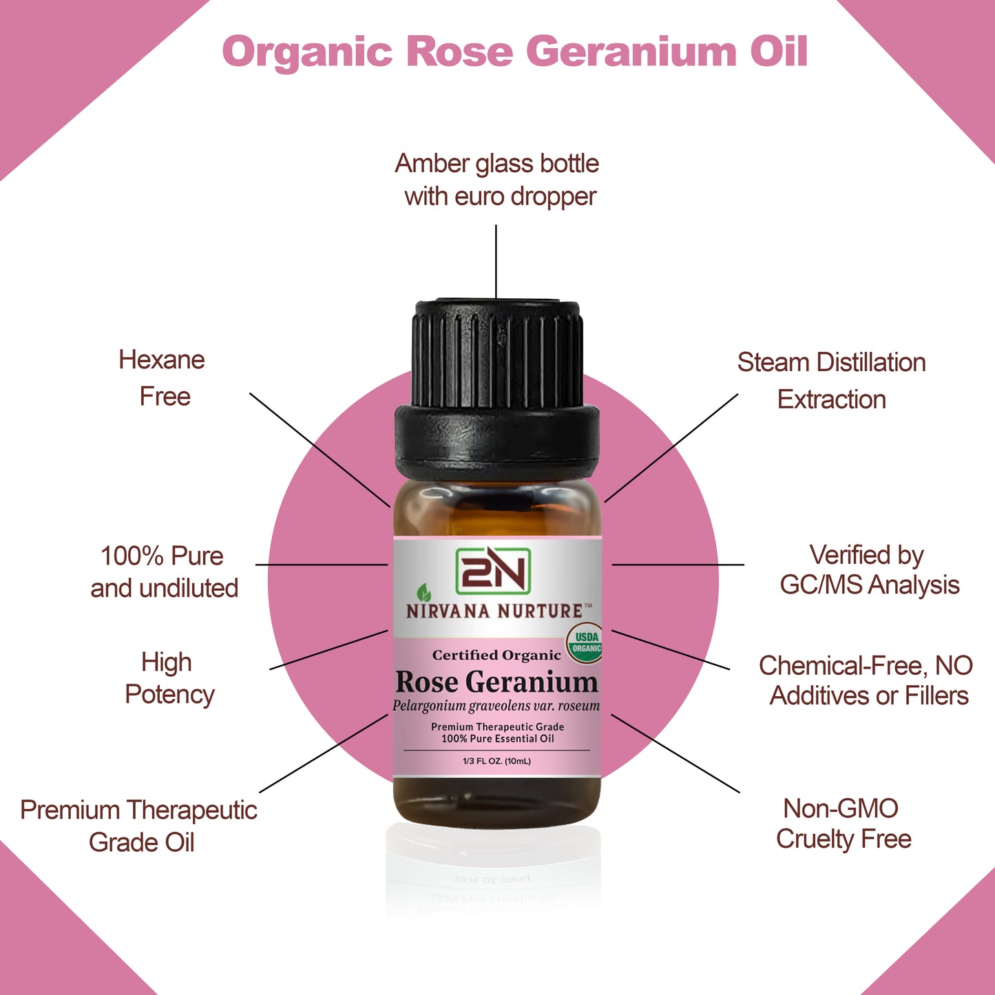 Rose Geranium Essential Oil USDA Certified Organic, 100% Pure Natural Premium Grade, Undiluted