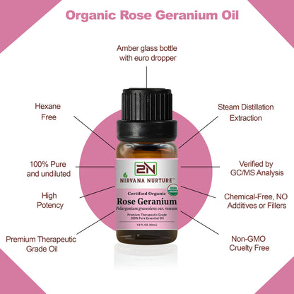 Rose Geranium Essential Oil USDA Certified Organic, 100% Pure Natural Premium Grade, Undiluted
