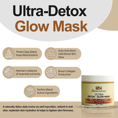 Nirvana Nurture Ultra-Detox Glow Mask, infused with powerful ingredients like Gotu Kola Stem Cells, Collagen, Niacinamide, Tocopherol, Fuller's Earth, Bentonite Clay, and Kaolin Clay and Sandalwood. This powerful combination penetrates deeply into the skin to naturally detoxify everyday impurities and toxins, rejuvenate dull skin, replenish moisture, tighten the skin, and improve overall texture. Suitable for all skin types.