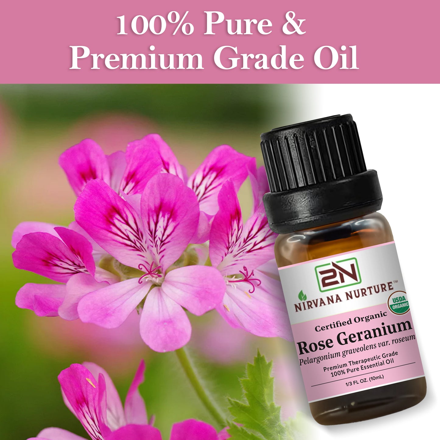 Rose Geranium Essential Oil USDA Certified Organic, 100% Pure Natural Premium Grade, Undiluted