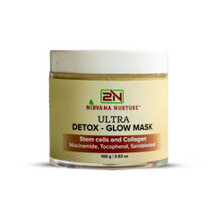 Nirvana Nurture Ultra-Detox Glow Mask, infused with powerful ingredients like Gotu Kola Stem Cells, Collagen, Niacinamide, Tocopherol, Fuller's Earth, Bentonite Clay, and Kaolin Clay and Sandalwood. This powerful combination penetrates deeply into the skin to naturally detoxify everyday impurities and toxins, rejuvenate dull skin, replenish moisture, tighten the skin, and improve overall texture. Suitable for all skin types.